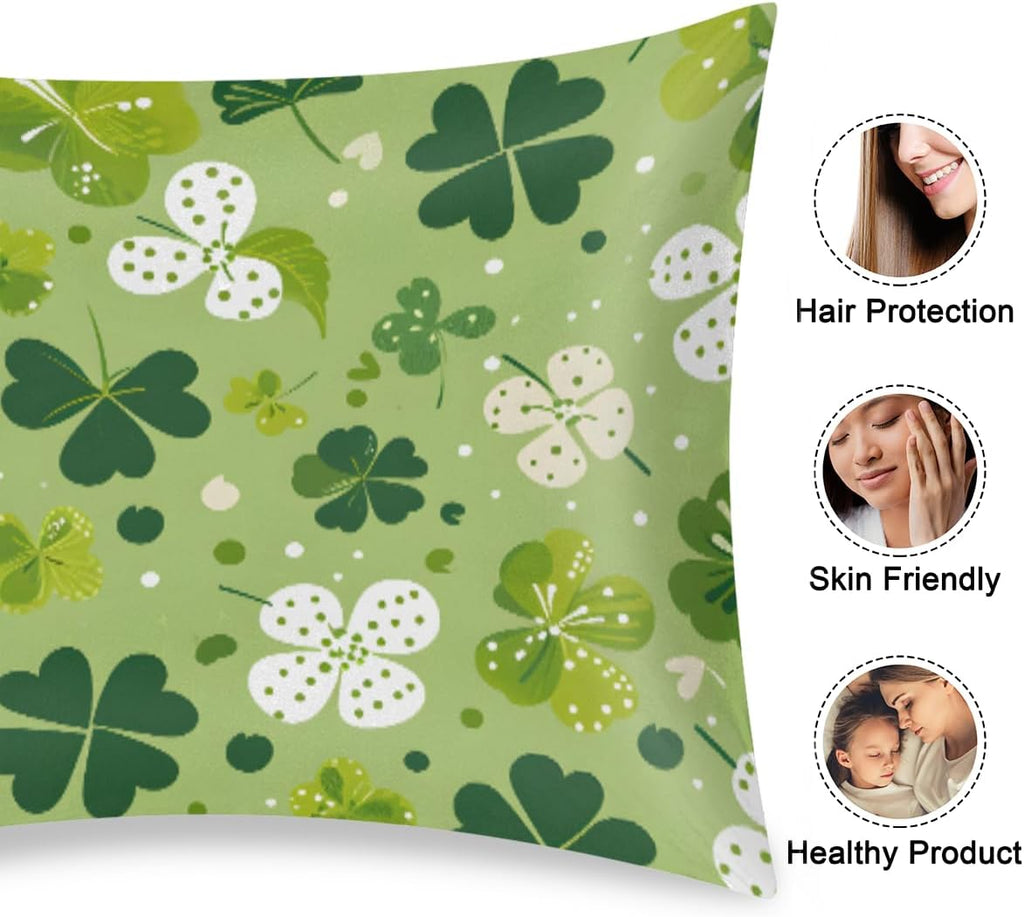 Green St. Patrick's Shamrock Satin Pillowcase for Hair and Skin Soft Silk Pillow Cases with Envelope Closure Cooling Pillow Case Slip…