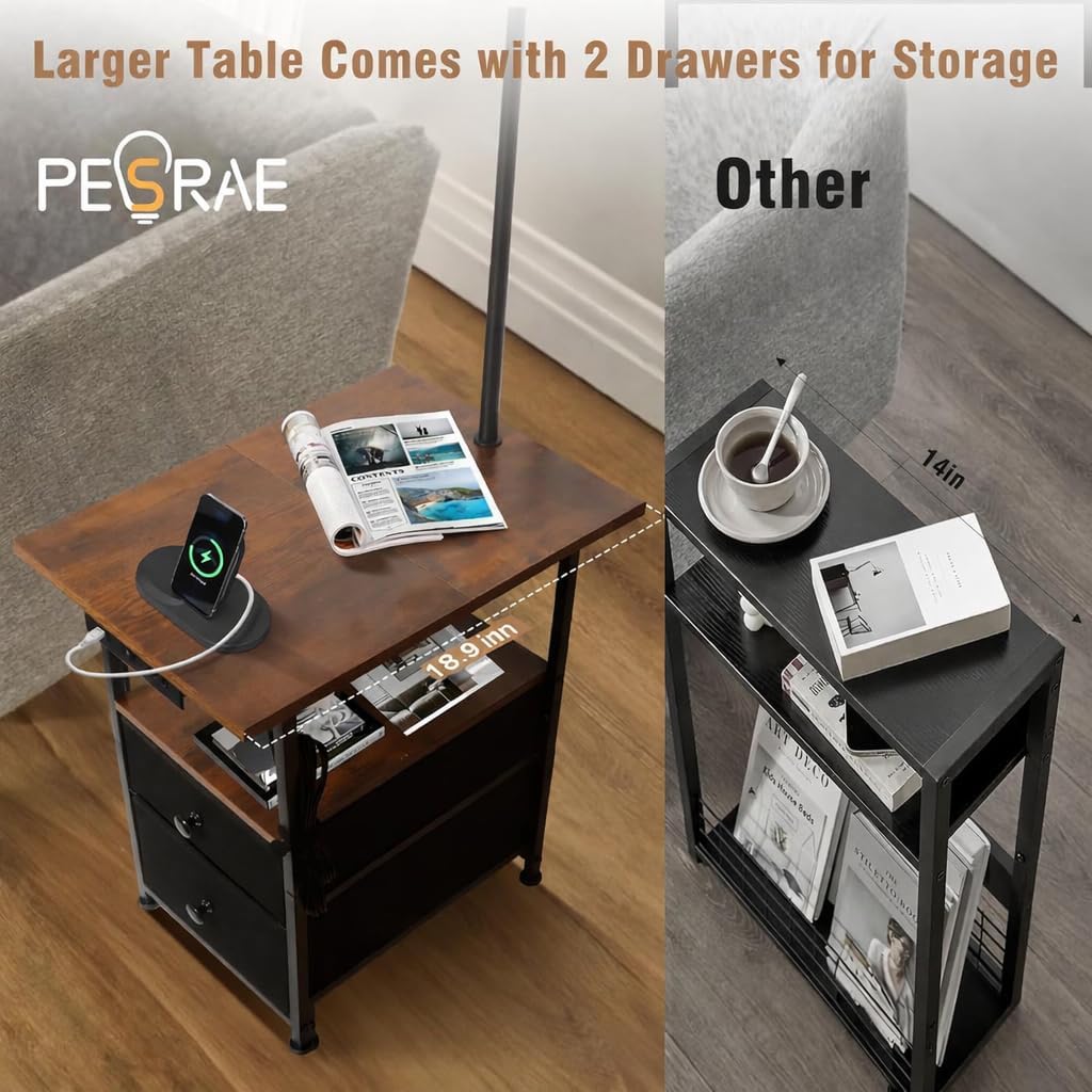 PESRAE Floor Lamp with Table & 2 Drawers, End Table with 3 Color Temperature Reading Light, Side Table Lamp with USB & Type C & AC…