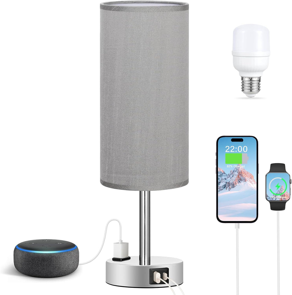 Fenmzee Grey Nightstand Table Lamp for Bedroom - 3 Way Dimmable Bedside Lamp USB C A Charging Ports and AC Outlet, Small Table Lamp…
