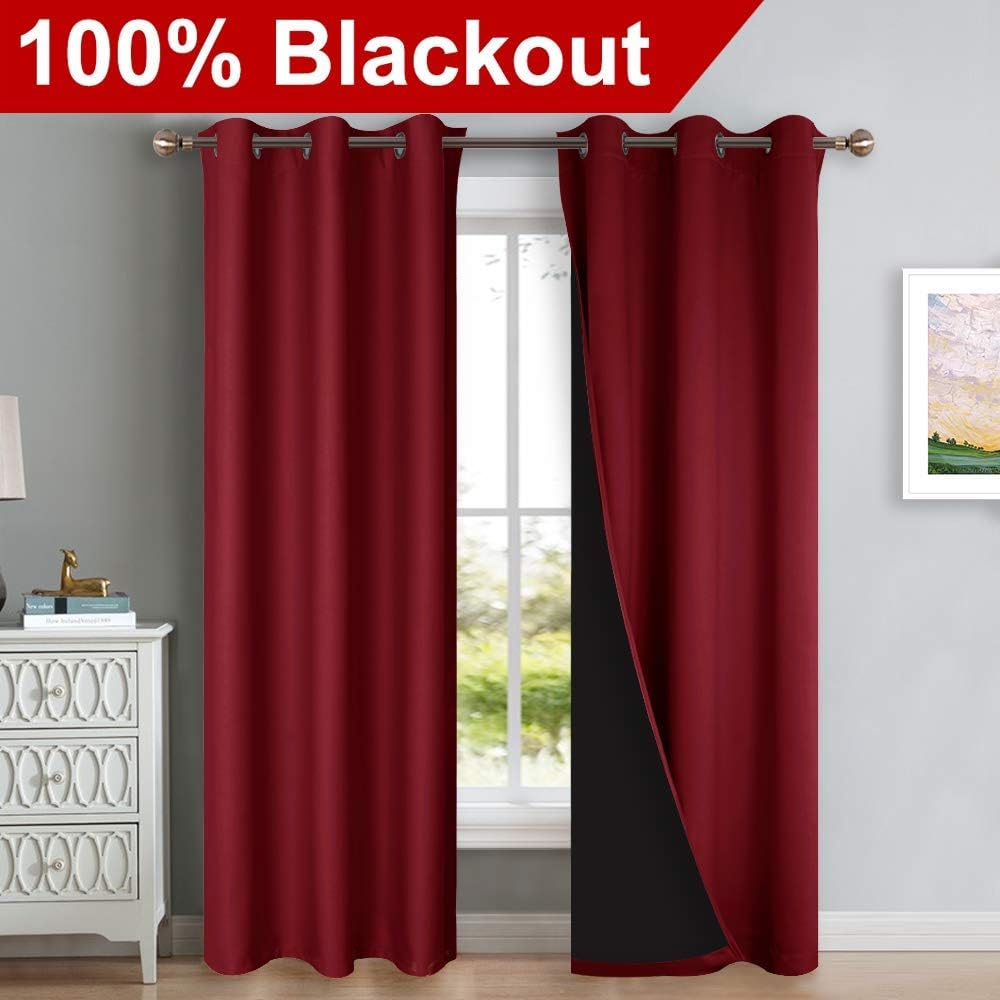 Nicetown 100% Blackout Curtains with Black Liner Backing, Thermal Insulated Curtains for Living Room, Home Decoration, Burgundy Red, 42 inc…