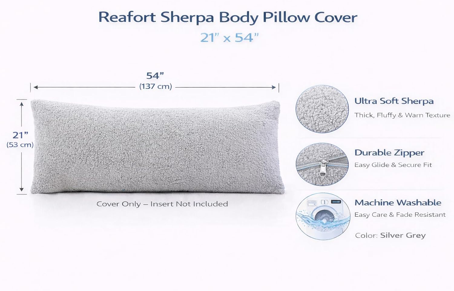 Reafort Sherpa Body Pillow Cover 21" x 54", Plush Fleece Long Body Pillowcase with Zipper Closure, Ultra Soft Fluffy Cozy Decorative…