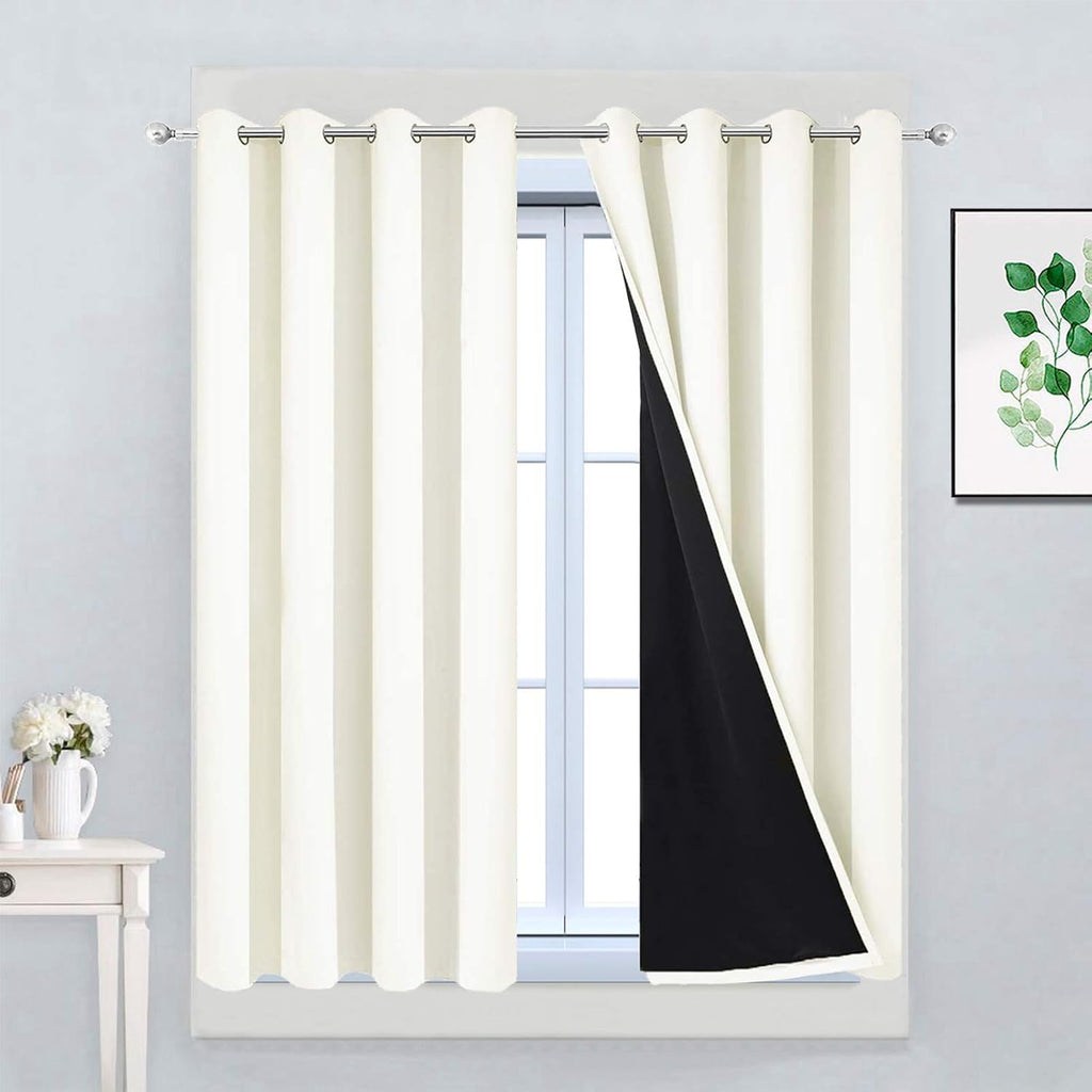 Yakamok 100% Blackout Curtains with Black Liners, Thermal Insulated, Noise Reduction, Soundproof, 2 Panels, 52"W x 63"L, Beige 1.6 inch Bla…