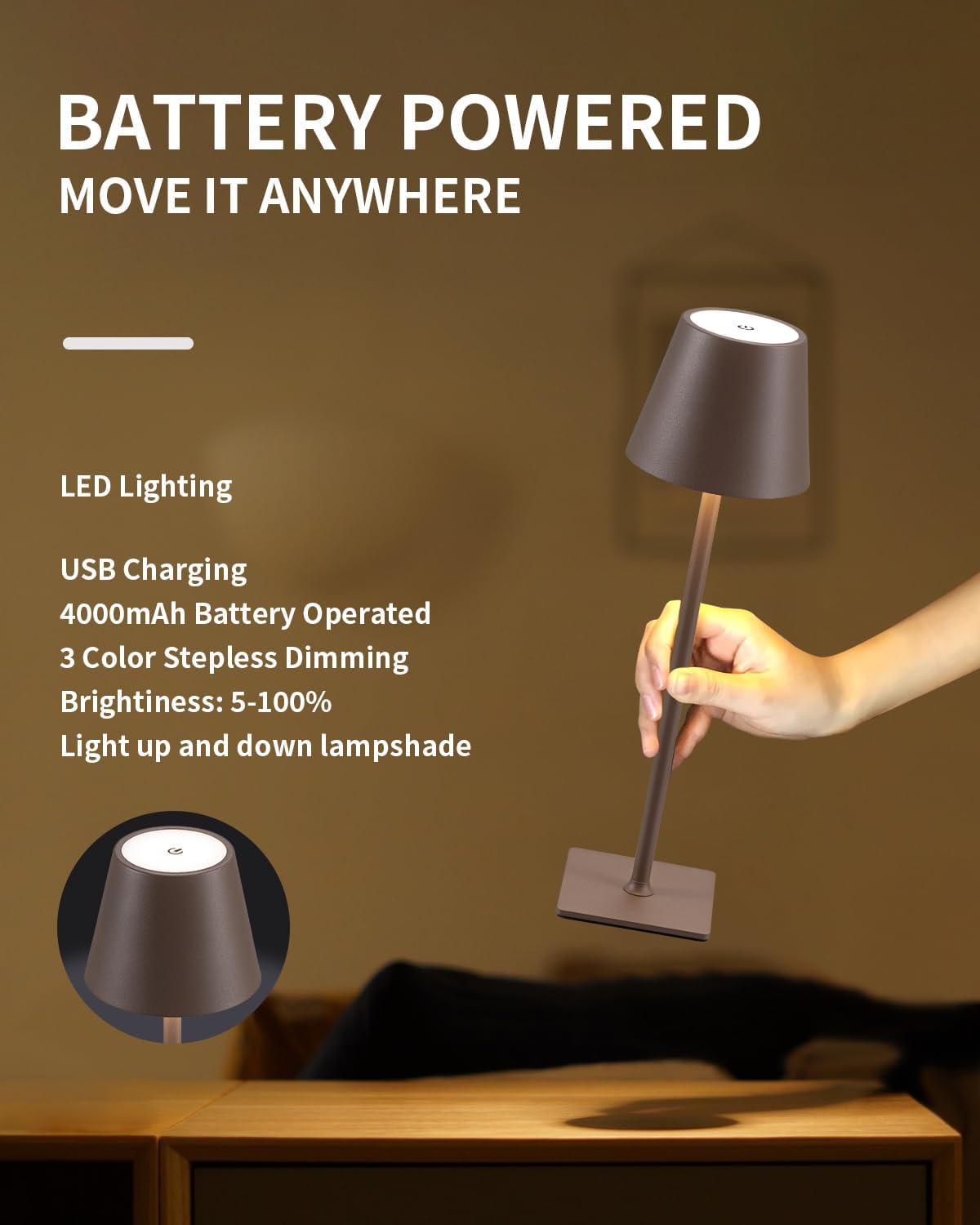 KDG 2 Pack Cordless Table Lamp, Portable LED Desk Lamp, 4000mAh Battery Operated, 3 Color Stepless Dimming Up, for…