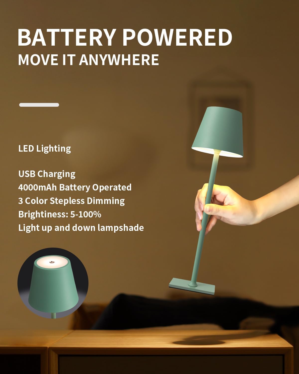 KDG 2 Pack Cordless Table Lamp, Portable LED Desk Lamp, 4000mAh Battery Operated, 3 Color Stepless Dimming Up, for…