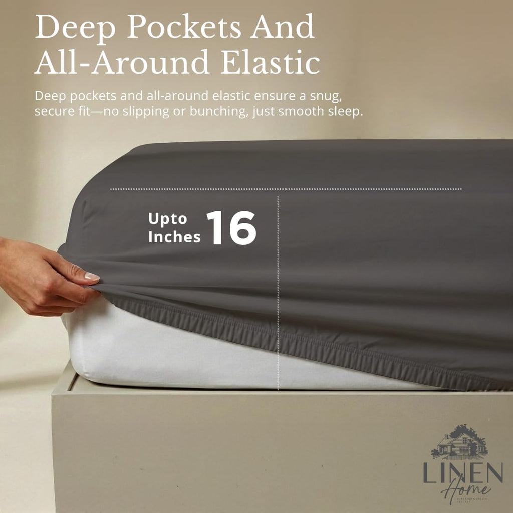 Linen Home 100% Cotton Percale Sheets Queen Size, Smoky Charcoal, Deep Pocket, 4 Pieces Set - 1 Flat, 1 Deep Pocket Fitted Sheet and 2…