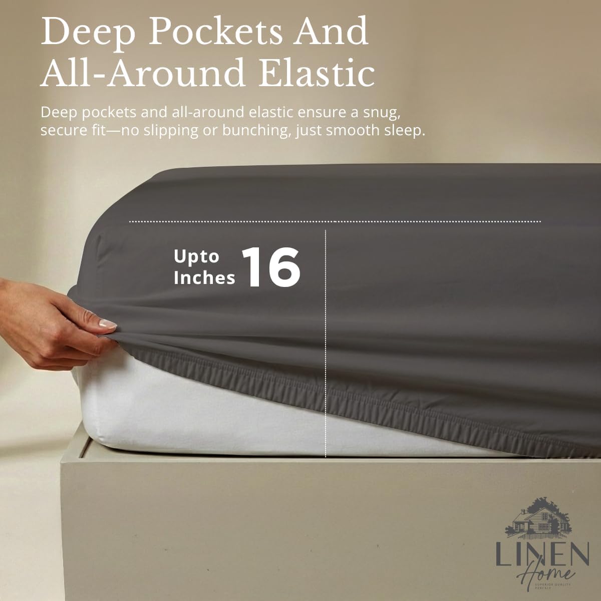Linen Home 100% Cotton Percale Sheets Queen Size, Smoky Charcoal, Deep Pocket, 4 Pieces Set - 1 Flat, 1 Deep Pocket Fitted Sheet and 2…