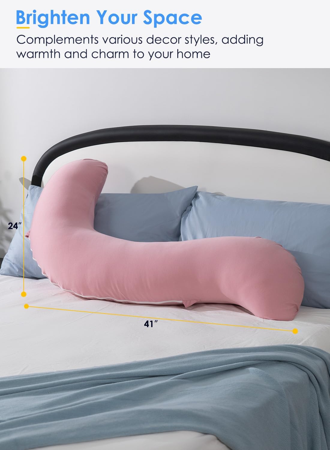 Queenrose QUEEN ROSE Cooling Body Pillow, Full Body Support Pillow for Side Sleepers, Soft S Shaped Hug Pillow for Adults, Pink Pink
