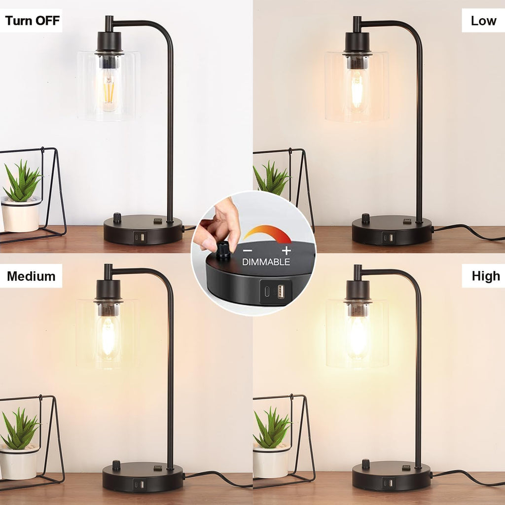 Industrial Table Lamp with USB A+C Ports and Outlet, Fully Stepless Dimmable Modern Nightstand Lamp, Glass Shade Bedside Desk Lamp for…