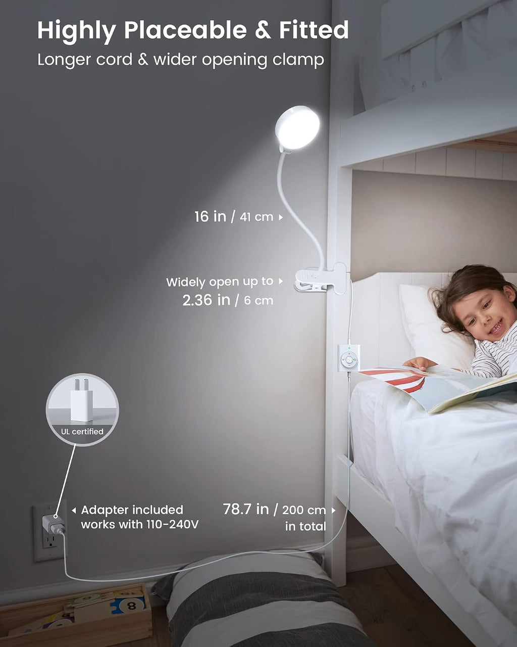 Glocusent 5W 36 LED Reading Clip on Light for Bed, Eye Caring Bed Lamp, 3 Colors & 5 Brightness Levels for Headboard with Adapter, Perfect…