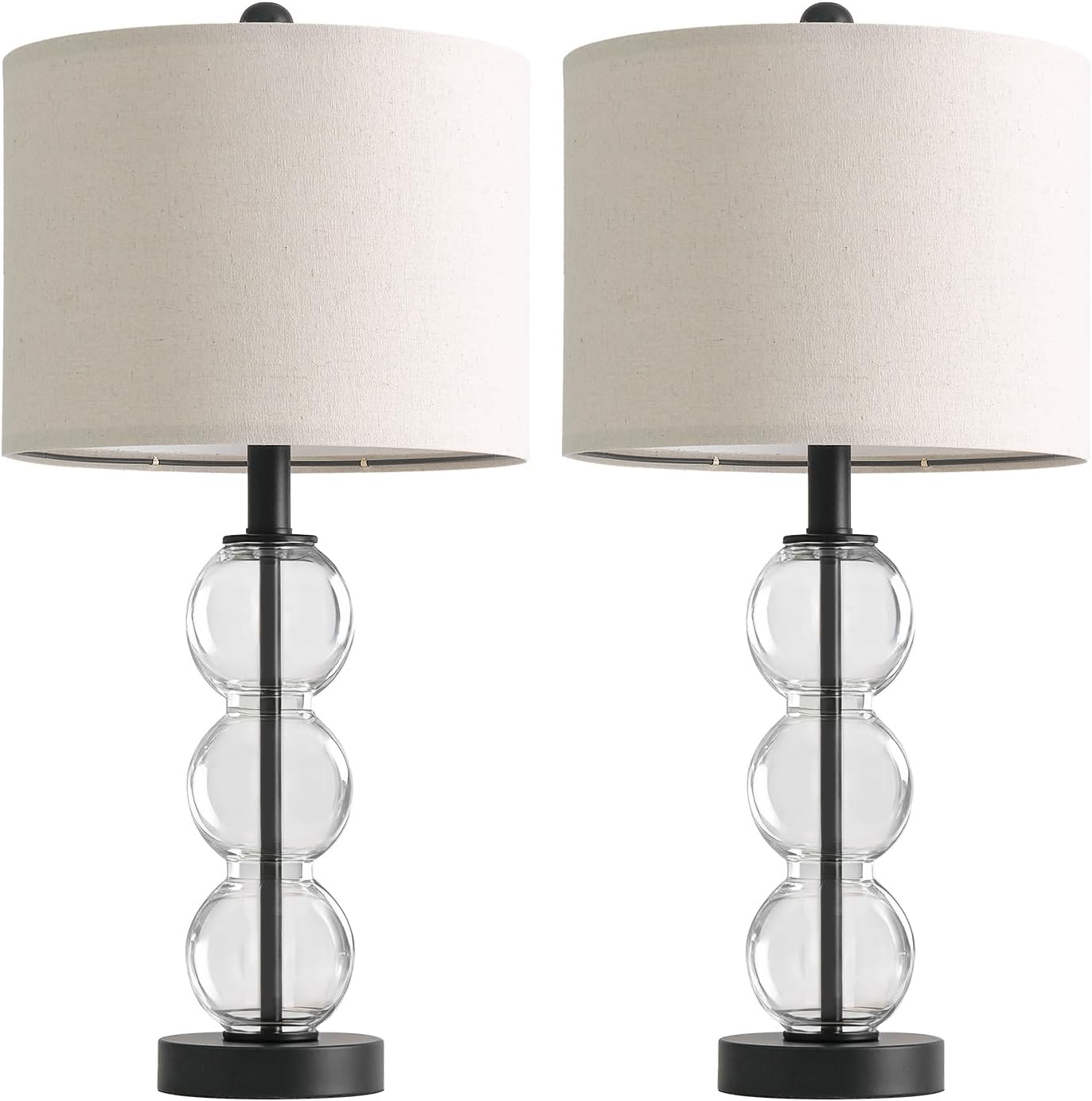 Oneach 25" Glass Table Lamps Set of 2, Black Modern Table Lamps with USB Ports for Living Room, Linen Shade Bedside Lamps for Bedroom, Nigh…