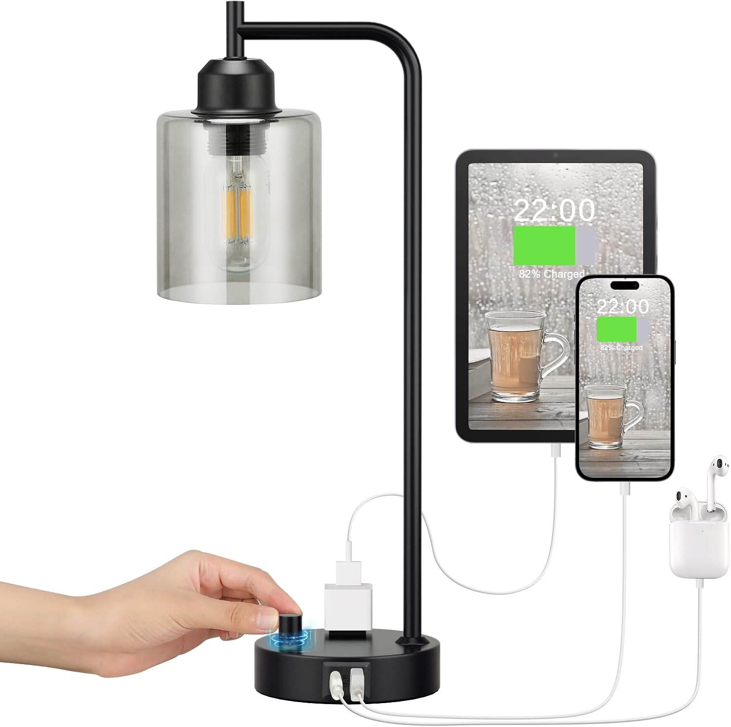 Industrial Bedside Desk Lamps for Bedroom - Grey Smoked Glass Shade Table Lamp with USB C Port, Fully Dimmable Small Lamps with USB Port…