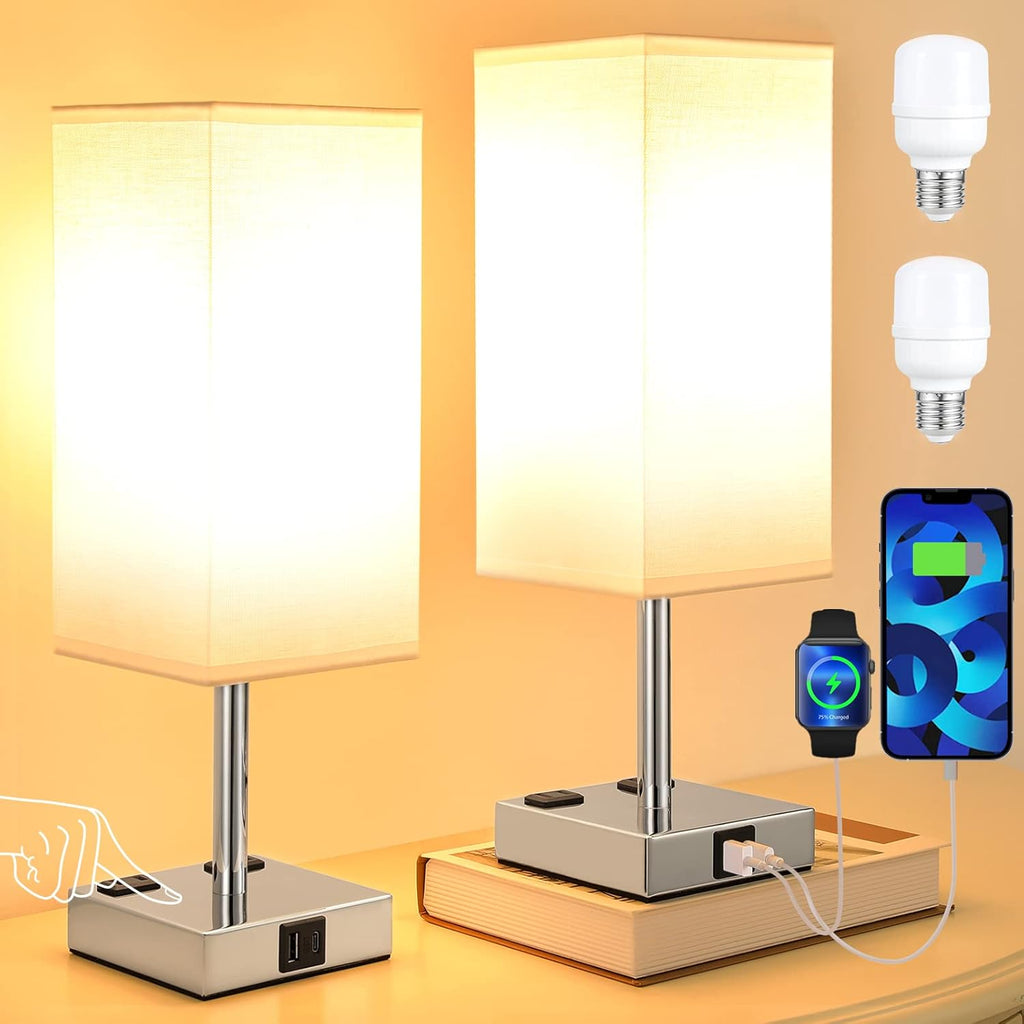 aooshine Set of 2 Touch Nightstand Lamp with USB-C+A Charge Ports& AC Outlets, 3-Way Dimmable Bedside Lamp with White Fabric Shade, Small…