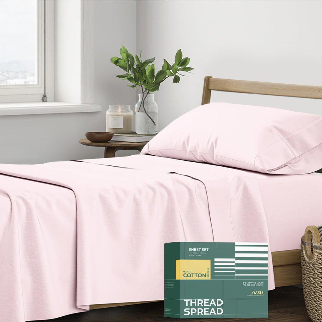 THREAD SPREAD 100% Organic Cotton Sheets Twin Size - 3 PC Organic Cotton Twin Size Percale Weave Sheet Set, Soft, Cooling, Crisp &…