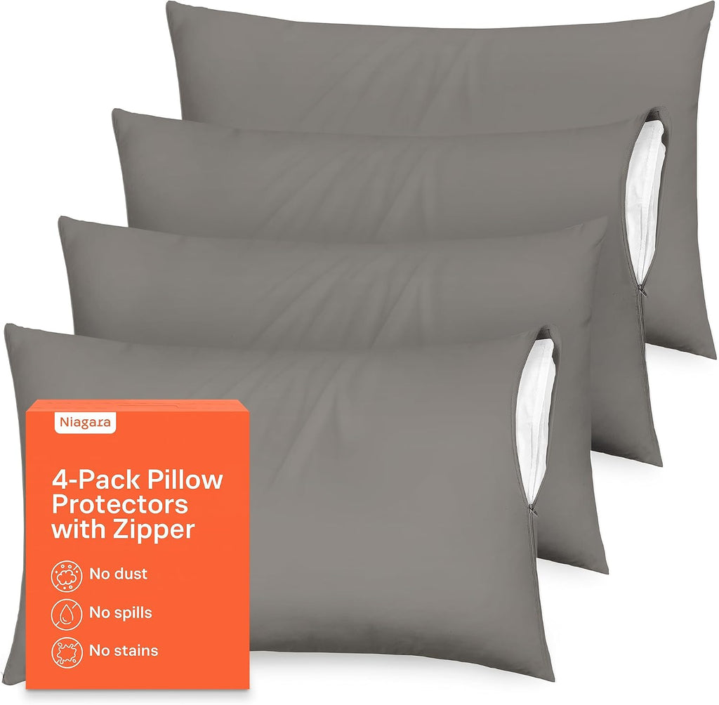 Ultra Soft Pillow Protectors with Zipper Standard Size - Set of 4 Breathable Pillow Covers - 100% Protection Against Stains, Dust & Dirt…