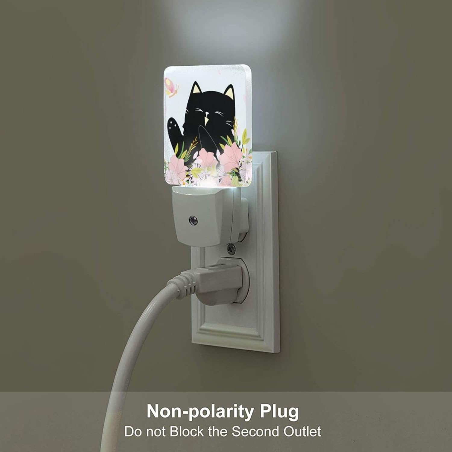 Black Cat and Flowers Night Light, Plug Into Wall for Boys Girls Bedroom Decorative Square Night Light Lamp 0.5w Sleep Friendly
