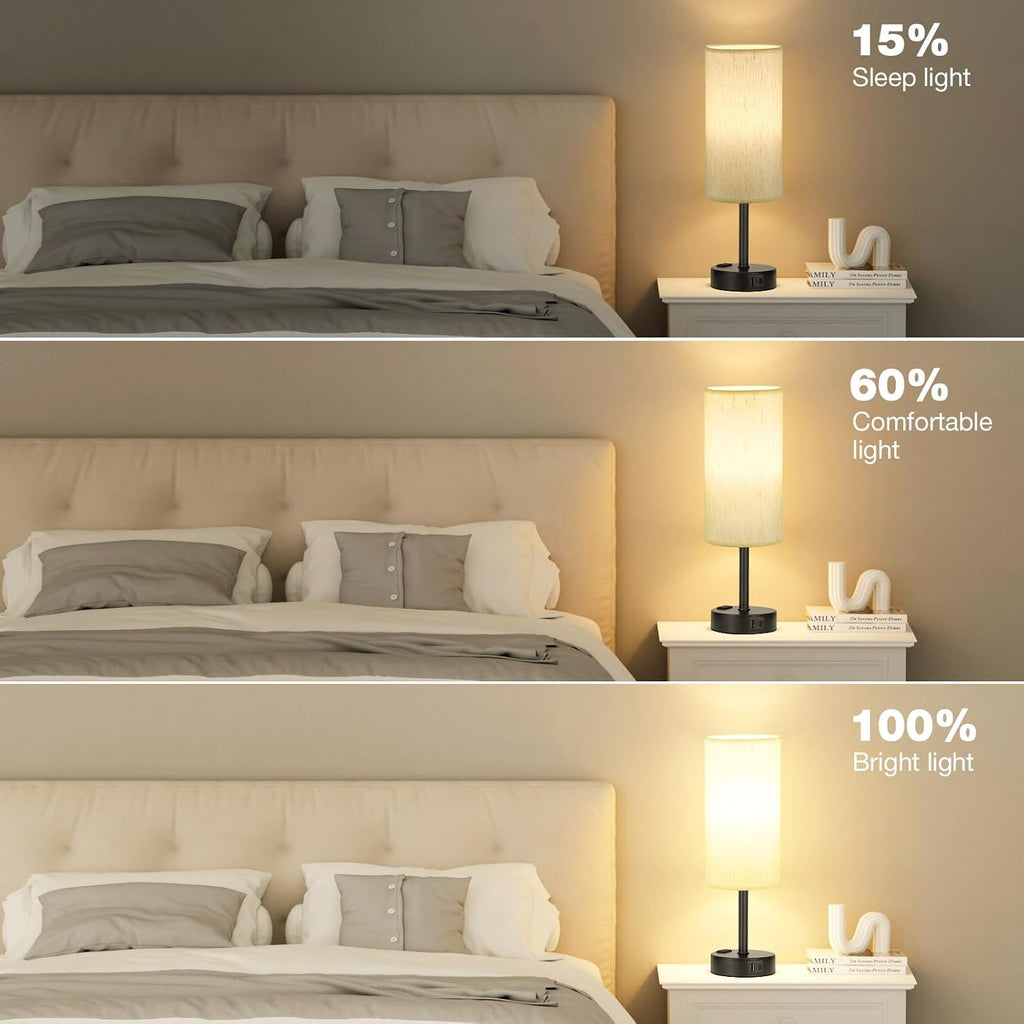 Light Beige Table Lamp for Nightstand - 3 Way Dimmable Bedside Lamp for Bedroom with USB C A Charging Ports and AC Outlet, Small Desk…