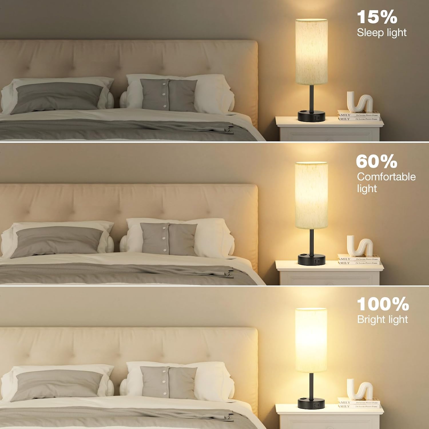 Light Beige Table Lamp for Nightstand - 3 Way Dimmable Bedside Lamp for Bedroom with USB C A Charging Ports and AC Outlet, Small Desk…