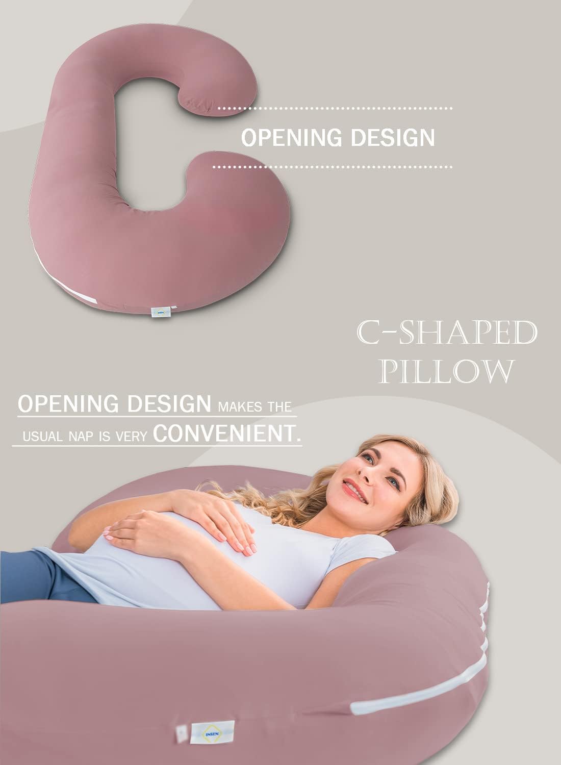 INSEN Cooling Pregnancy Pillow, Maternity Pillow with Soft Cotton Cover, C Shaped for Pregnant Sleeping, Dark Pink