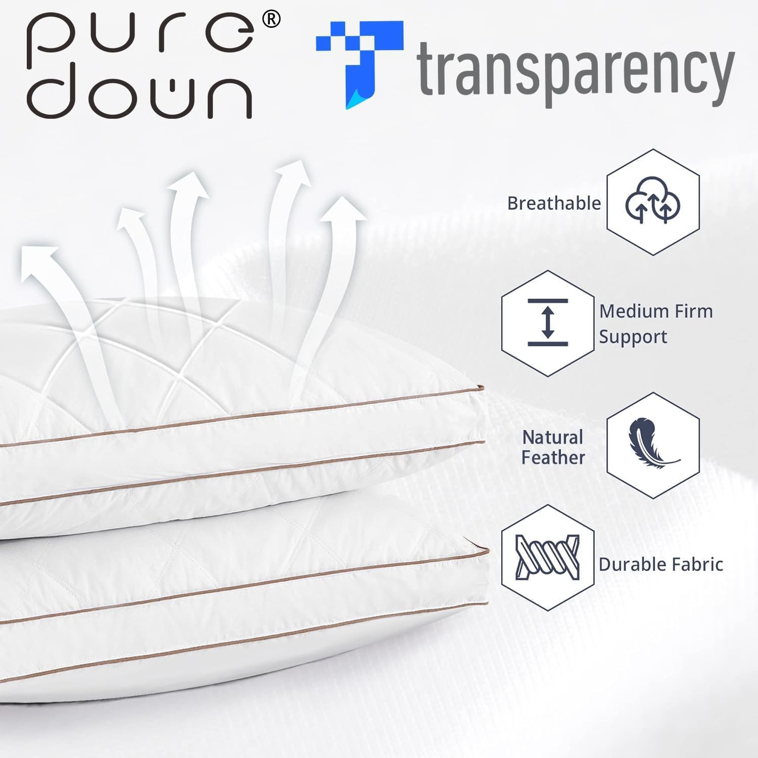 puredown® Goose Feathers and Down Pillow for Sleeping Hotel Collection Bed Pillows, Gusseted, Queen, Set of 2
