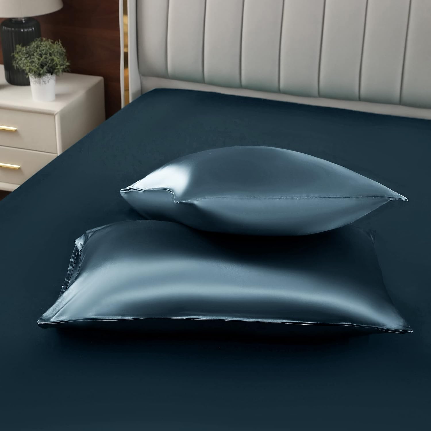 Homiest Deep Sea Blue Satin Pillowcase for Hair and Skin, Standard Size Pillow Covers Luxury & Ultra Soft Pillow Cases Set of 2, Cooling…