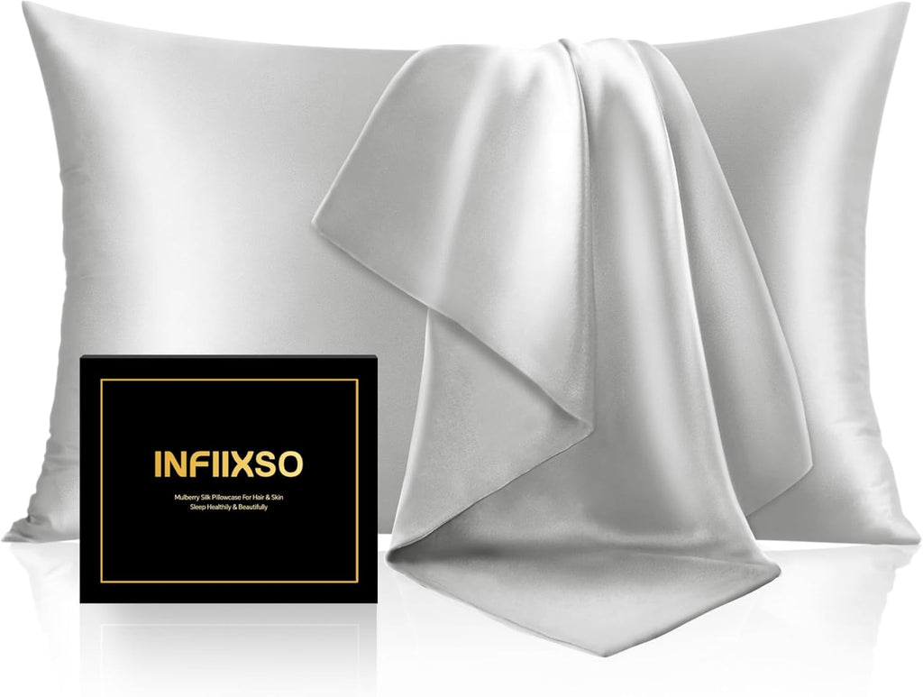 Infiixso Mulberry Silk Pillowcase for Hair and Skin, Silk Pillow Cases Standard Size with Hidden Zipper 20x26 Inches, Ultra Smooth and Soft…