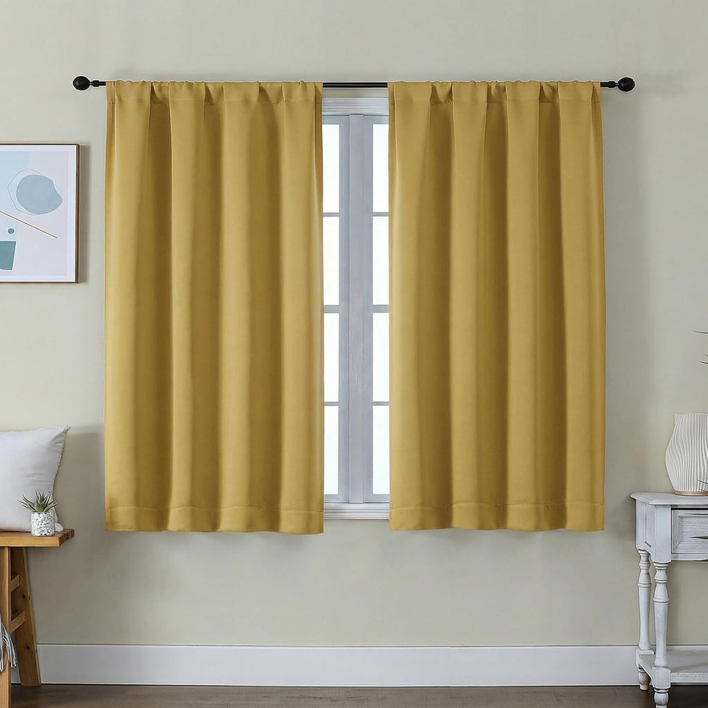 Simplebrand Ava Bright Gold Short Blackout Curtains for Bedroom 45 Inches Long 2 Panels Set, Solid Thermal Insulated, Energy Saving Window…