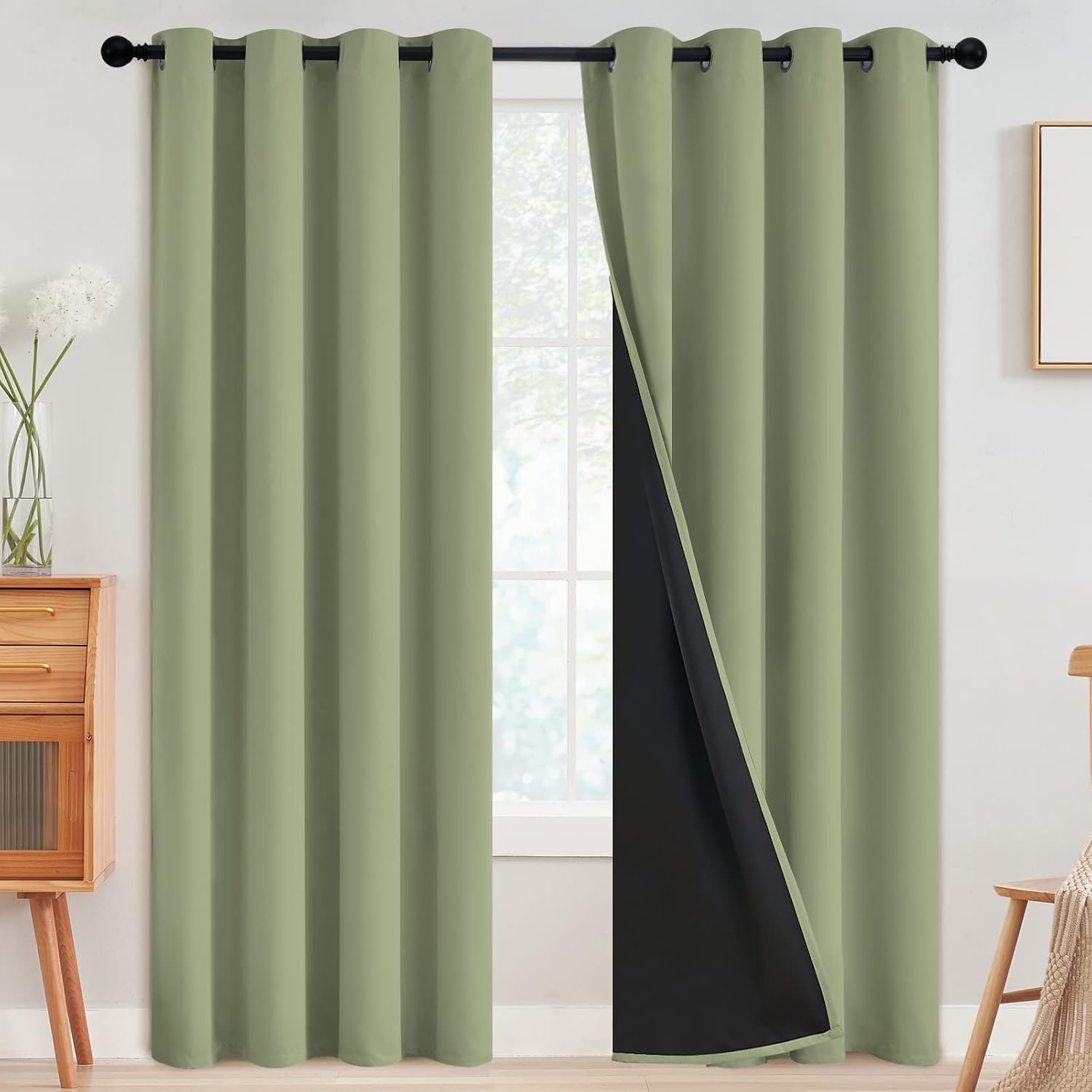 SimpleHome 100% Blackout Curtains for Bedroom, Thermal Insulated Grommet Window Drapes Room Darkening Sage Curtains for Living Room with Bla…