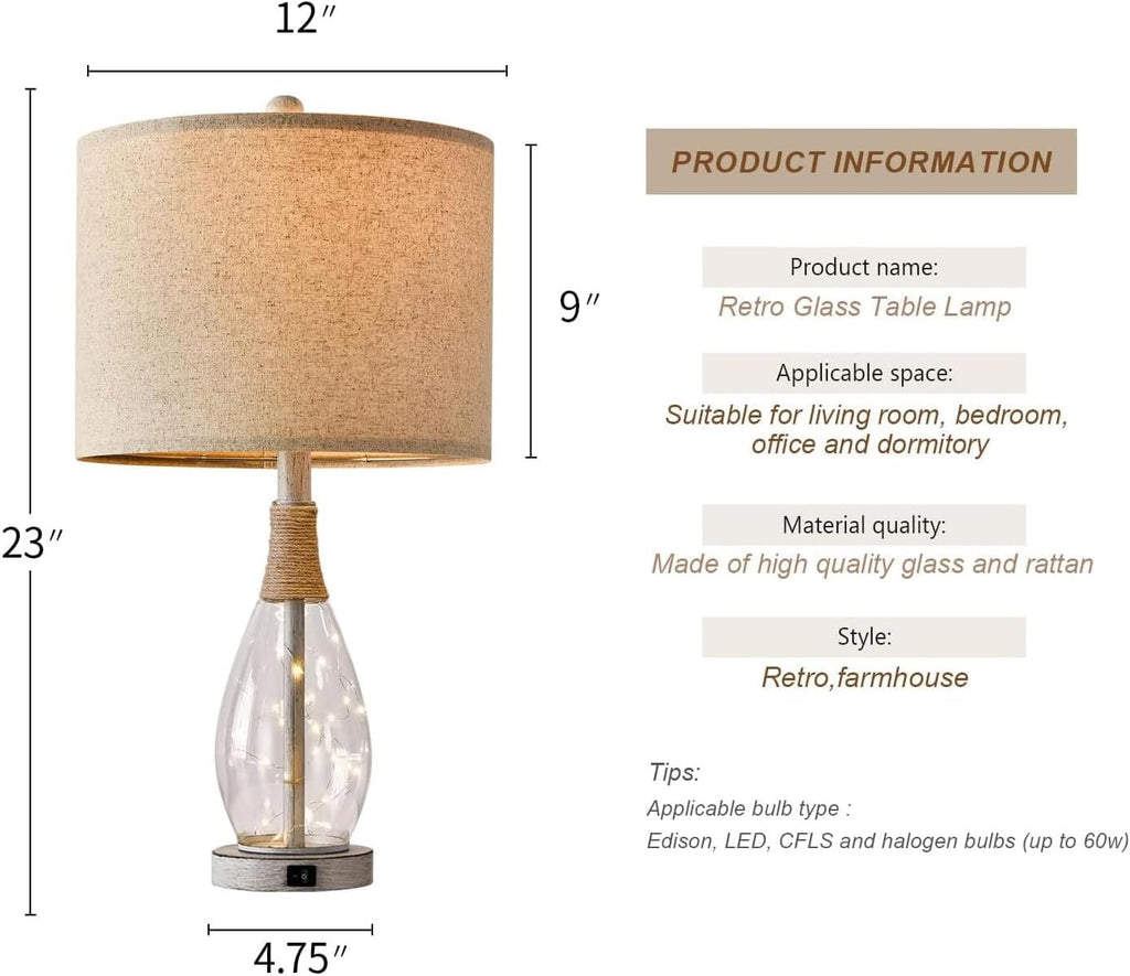 OYEARS 23" USB A+C Table Lamp for Bedroom Living Room Modern Bedside Lamps Retro Farmhouse Rattan Glass Nightstand Nightlight Lamps…