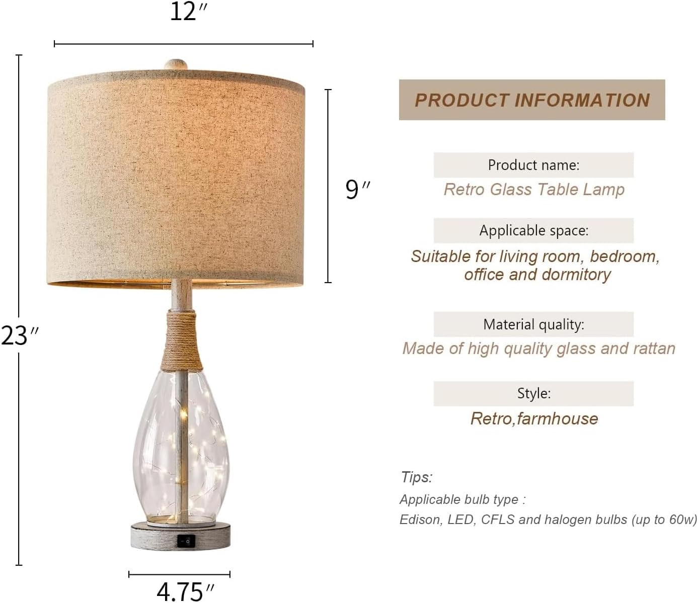 OYEARS 23" USB A+C Table Lamp for Bedroom Living Room Modern Bedside Lamps Retro Farmhouse Rattan Glass Nightstand Nightlight Lamps…