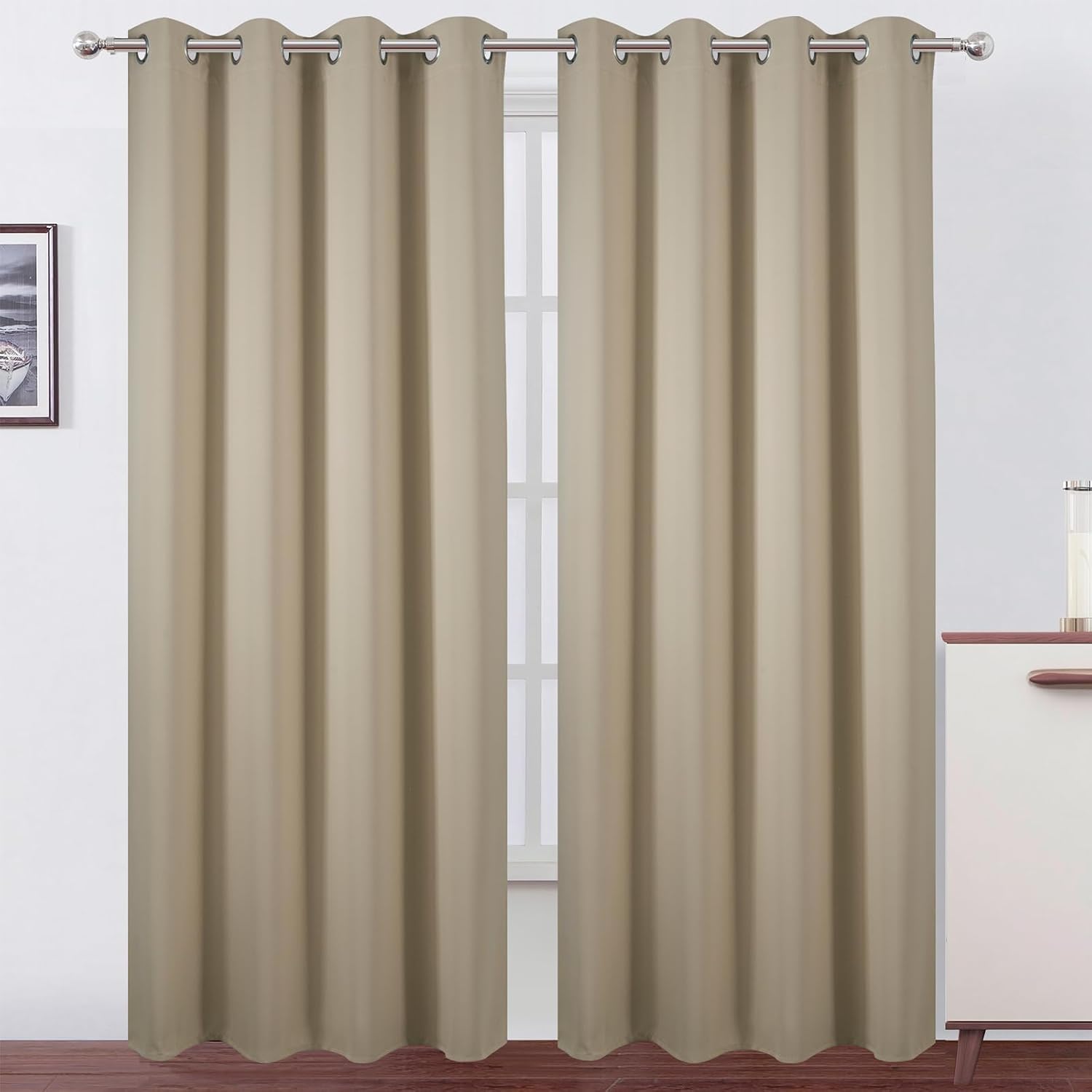 Lemomo Blackout Curtains 52 x 90 Inch Long Beige Curtains Set of 2 Panels Room Darkening Curtains for Bedroom and Living Room 90 Inch silver