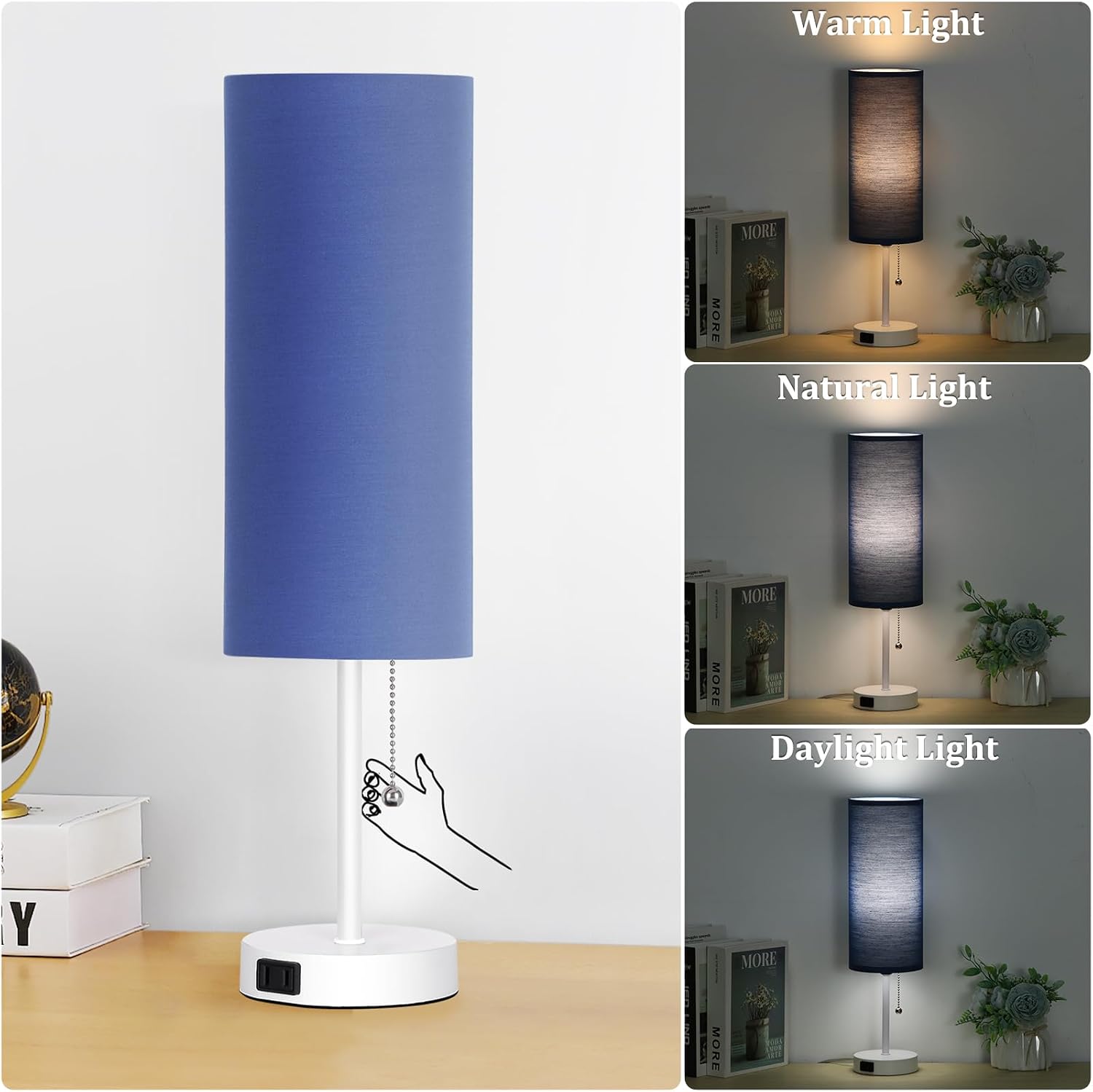 Dott Arts 18" Table Lamp for Bedroom, 3-Color Bedside Lamps with Pull Chain, Bedroom Table Lamps for Nightstand, AC Outlet Small Lamp for…
