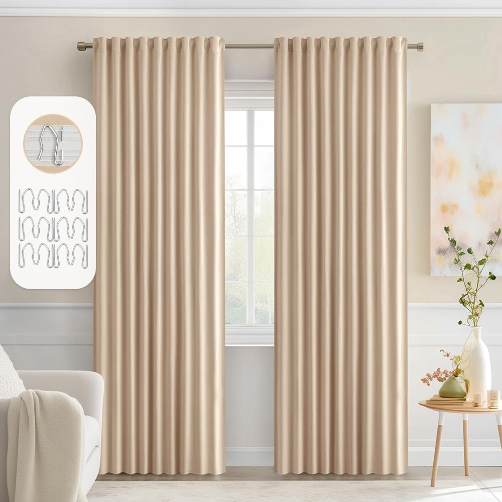 Miulee Beige Back Tab Blackout Curtains 72 Inch Length 2 Panels Set for Living Room Bedroom Privacy, Rod Pocket/Pinch Pleat Thermal Insulat…