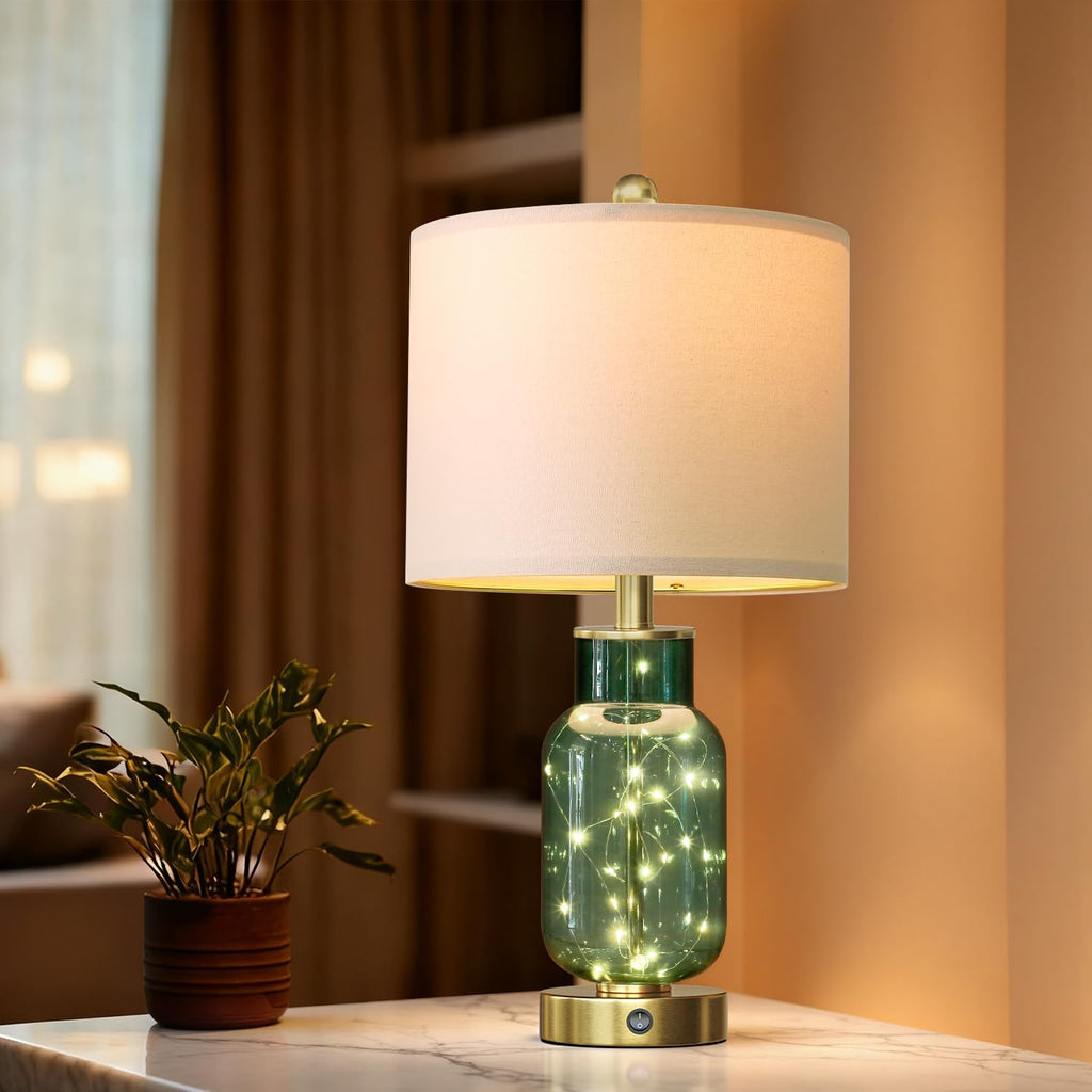 Oneach 22" Glass Table Lamps Set of 2, Green Modern Bedside Lamp with LED Night Light for Living Room, Nightstand Lamp with USB Ports for B…