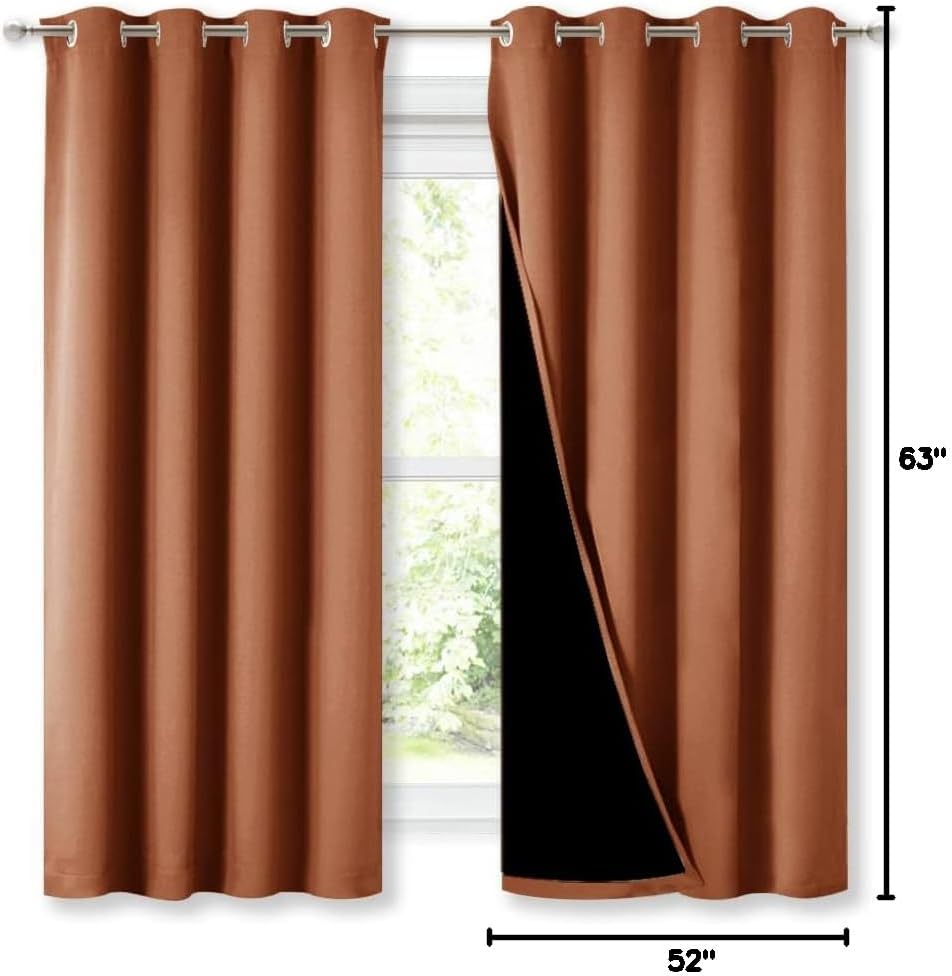 Nicetown Burnt Orange 100% Blackout Lined Curtains, 2 Thick Layers Completely Blackout Window Treatment Thermal Insulated Drapes for Kitche…