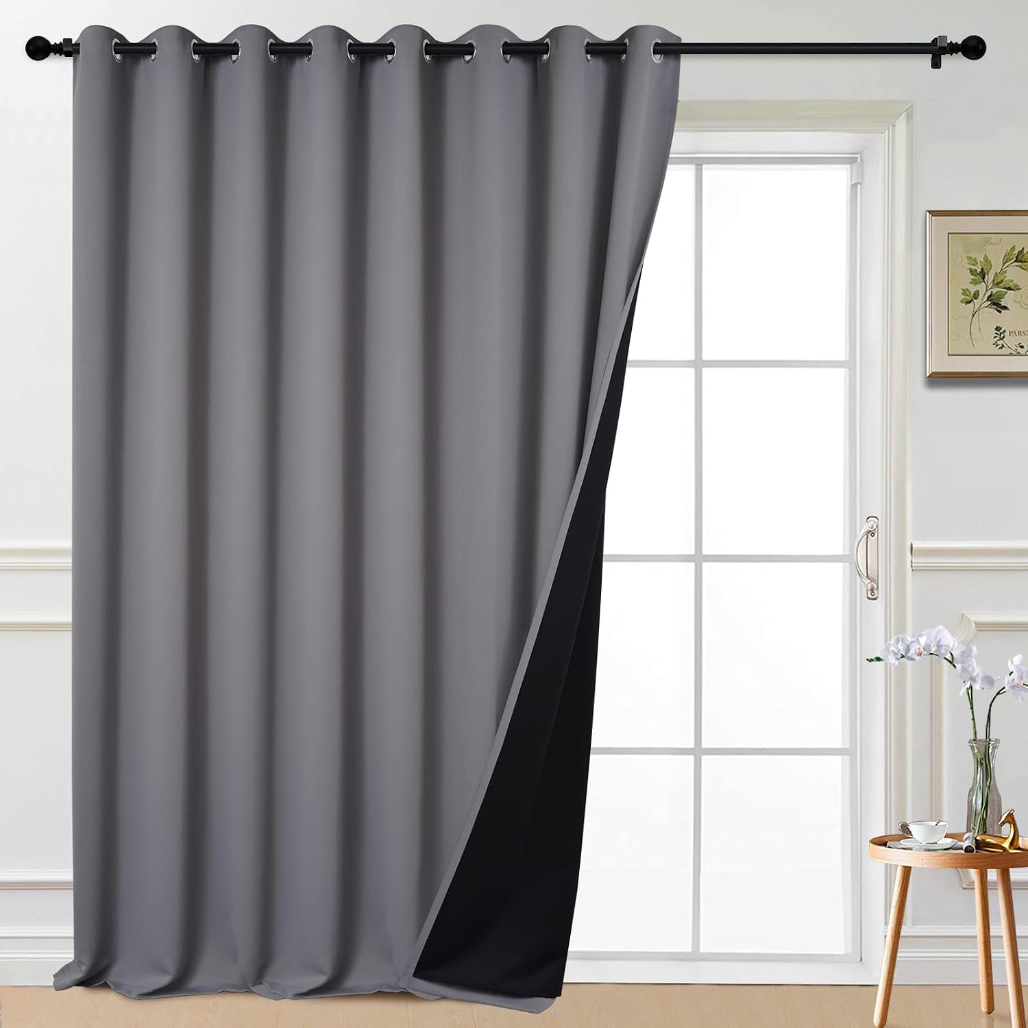 Yakamok 100% Blackout Thermal Insulated Grommet Curtains, Noise Reducing Barrier Panel for Sliding Glass Door, 2 Thick Layers Heat Full…