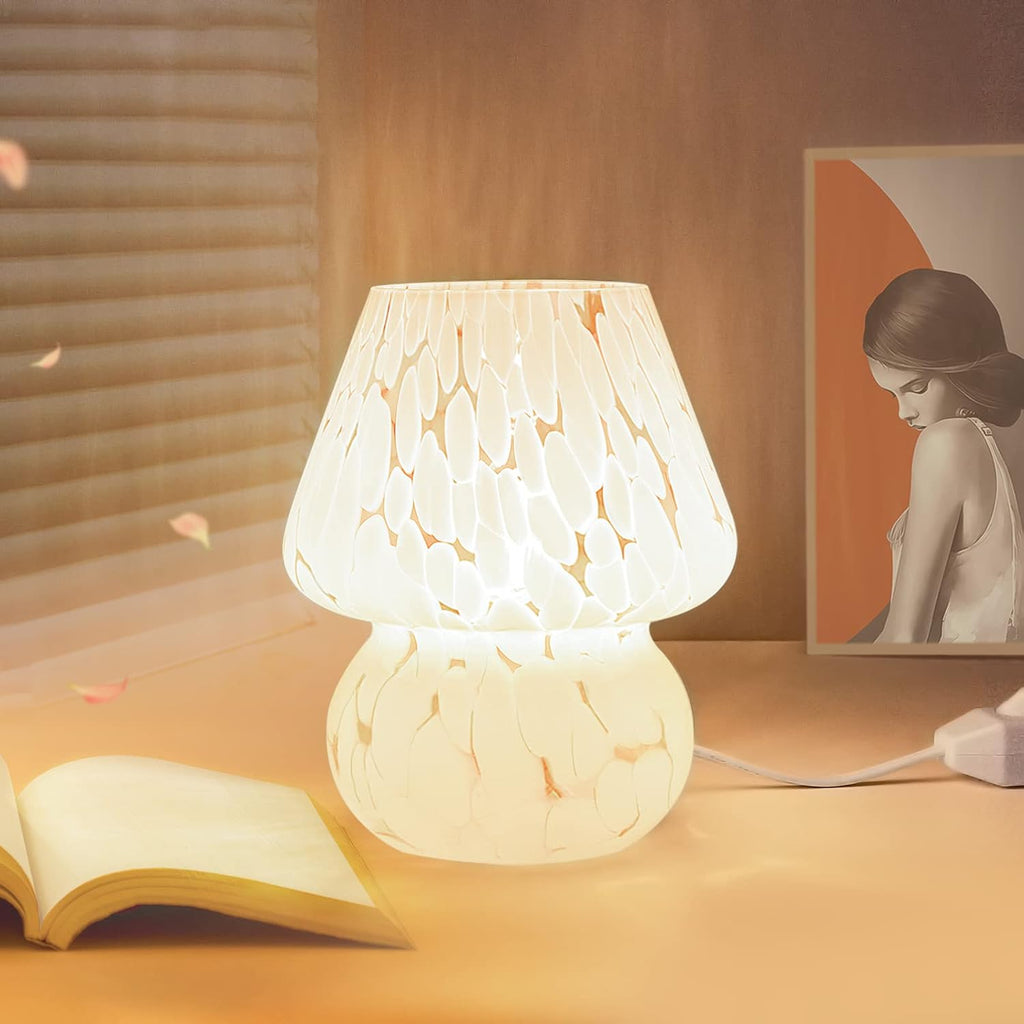 ONEWISH Cute Mushroom Lamp Small Bedside Table Lamp Set of 2 Stepless Dimmable, Translucent Glass White Nightstand Lamp for Bedroom Dorm…