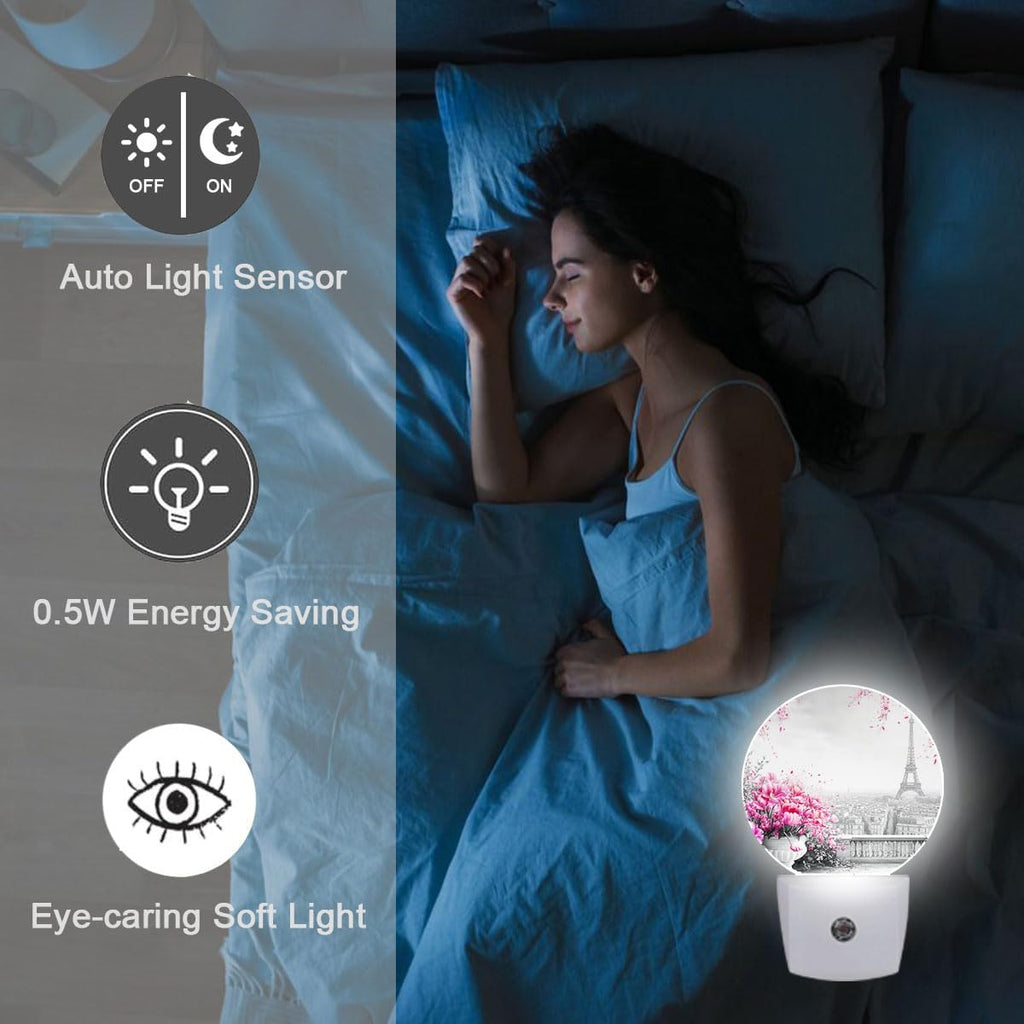 Paris Eiffel Tower Pink Flower Night Light Auto Sensor Led Dusk to Dawn Lamp Home Decor for Men Women