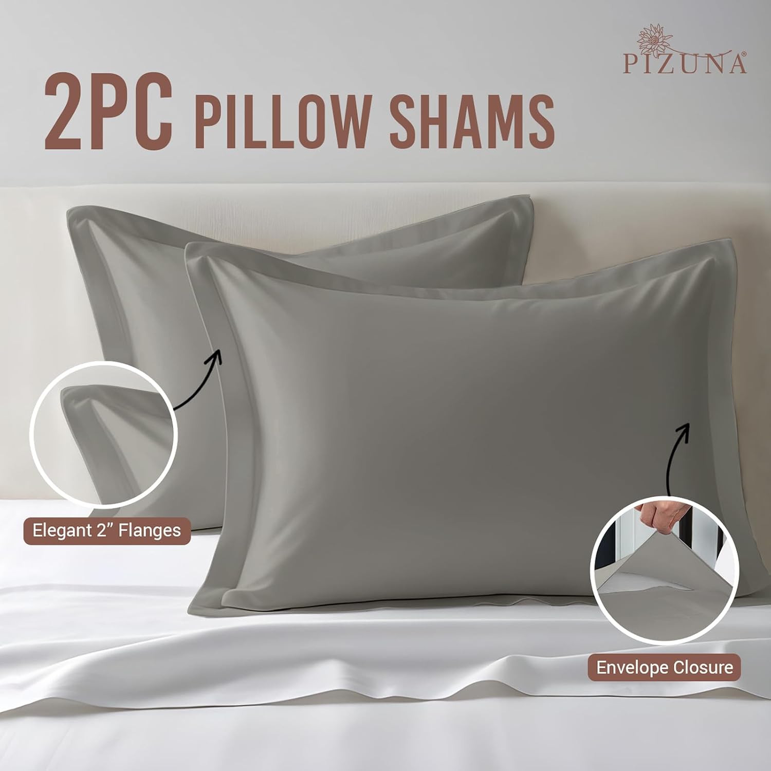 Pizuna Pure 100% Cotton Pillow Shams Queen Size Set of 2 Ash Grey, Luxurious 400 Thread Count Long Staple Cotton Sateen with Envelope Closu…