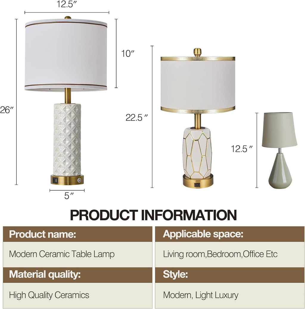 Set of 2 Table Lamp for Living Room Bedroom Farmhouse,26'' Touch Control Bedroom Ceramic Lamps 3-Way Dimmable Bedside Lamps with USB A+C…