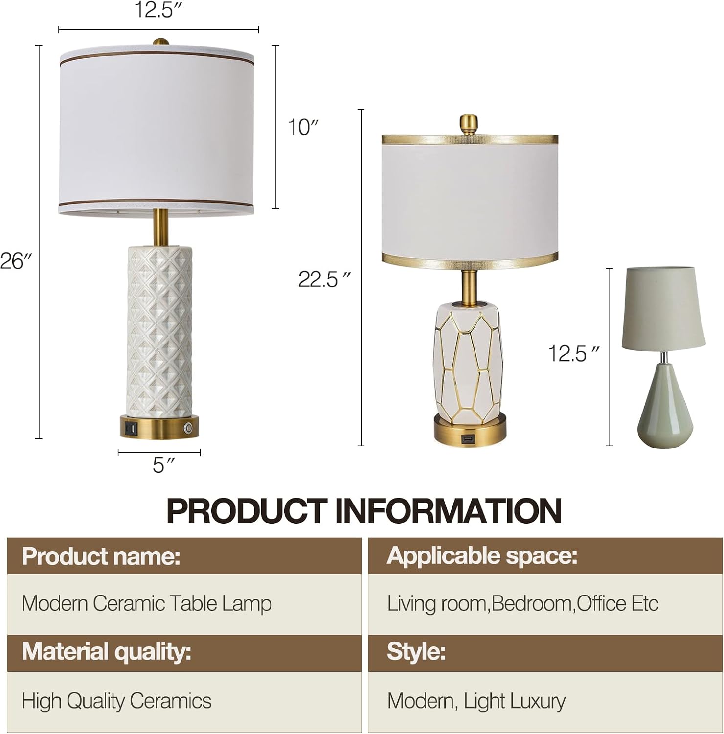 Set of 2 Table Lamp for Living Room Bedroom Farmhouse,26'' Touch Control Bedroom Ceramic Lamps 3-Way Dimmable Bedside Lamps with USB A+C…
