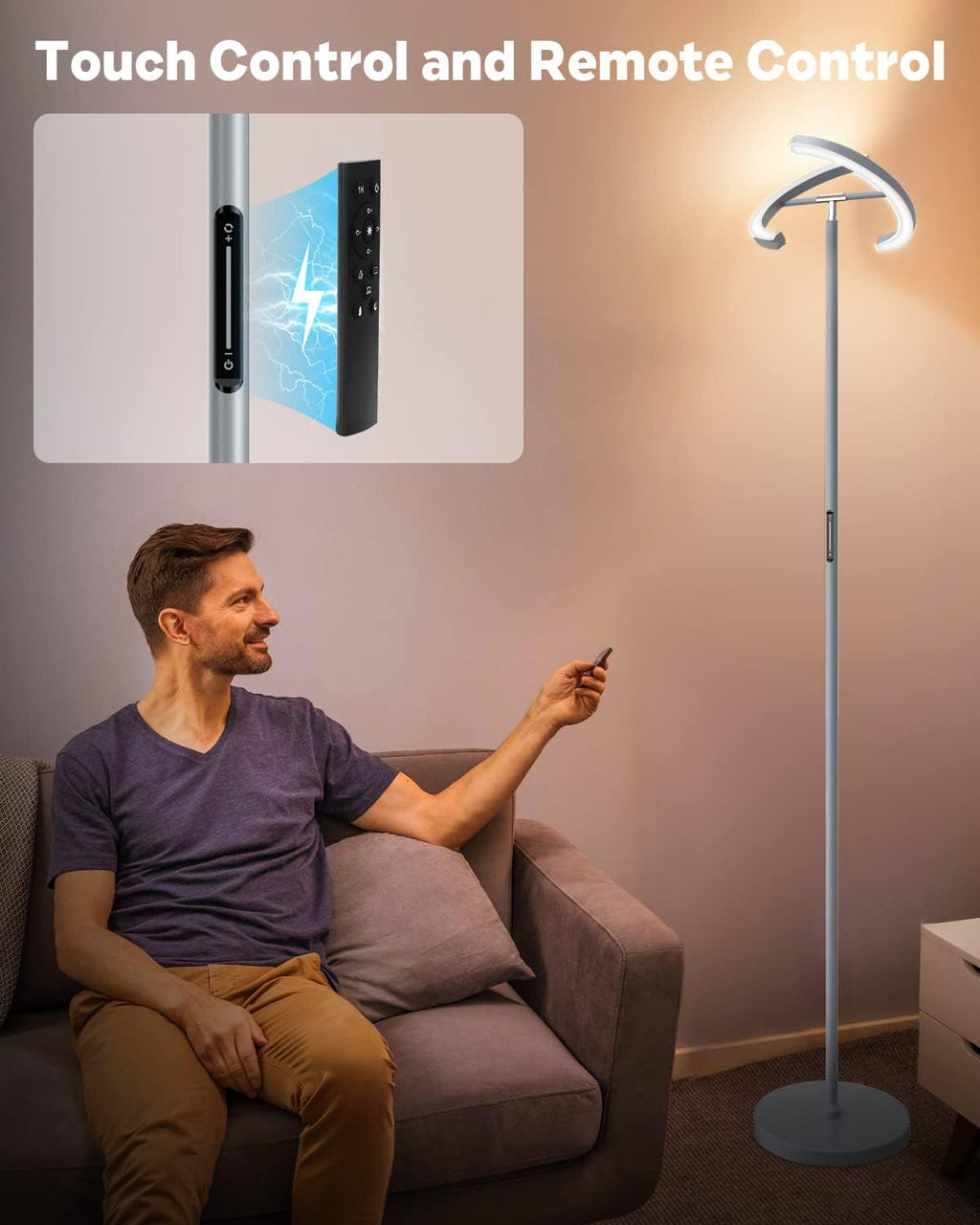 SIBRILLE Silver Floor Lamps for Living Room, Stepless Dimmable Standing Lamp with Touch Remote Control, 22W Rotatable LED Floor Light…