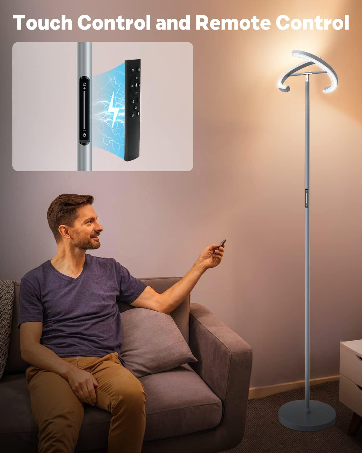 SIBRILLE Silver Floor Lamps for Living Room, Stepless Dimmable Standing Lamp with Touch Remote Control, 22W Rotatable LED Floor Light…