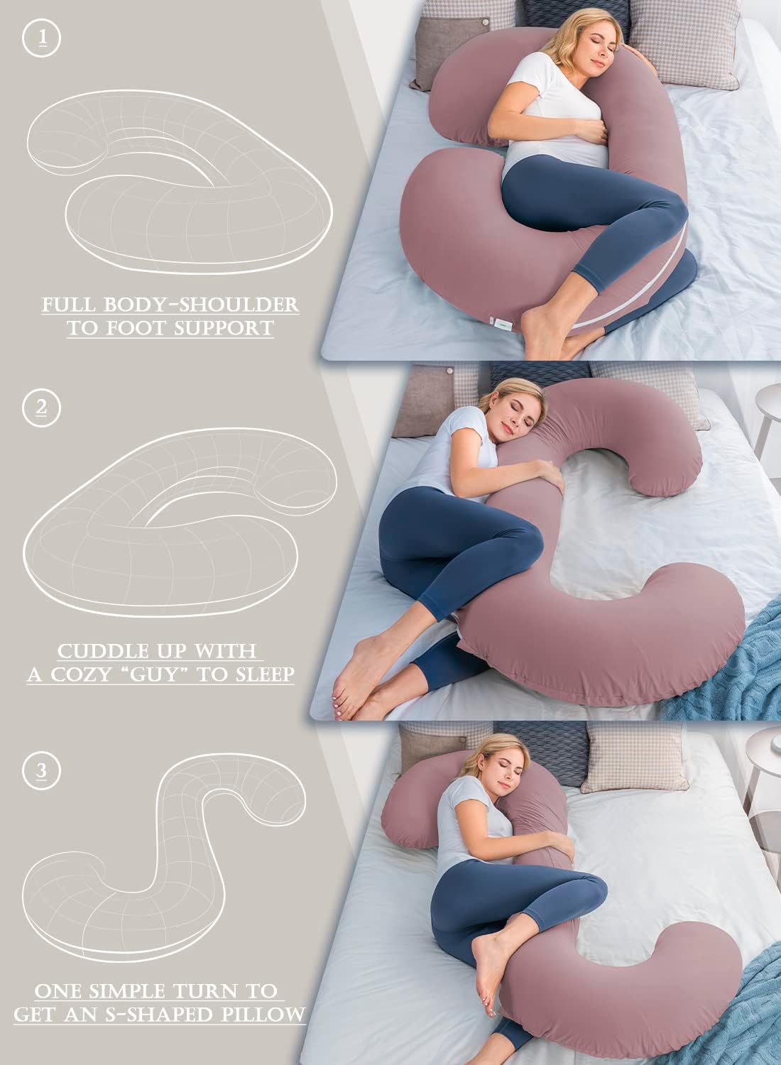 INSEN Cooling Pregnancy Pillow, Maternity Pillow with Soft Cotton Cover, C Shaped for Pregnant Sleeping, Dark Pink