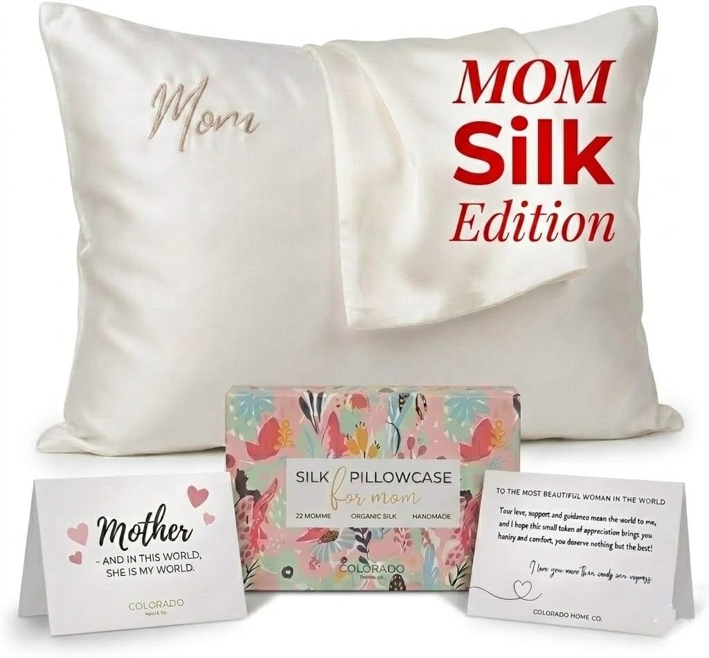 Mom Silk Pillowcase with Mom Embroidery for Mother's Day, for Mom, Wife, Daughter or Sister, Mother's Day Insert Card with Gift Box
