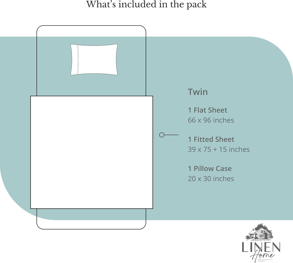 Linen Home 100% Cotton Percale Sheets Twin Size, Aqua Blue, Deep Pocket, 3 Pieces Set - 1 Flat, 1 Deep Pocket Fitted Sheet and 1…