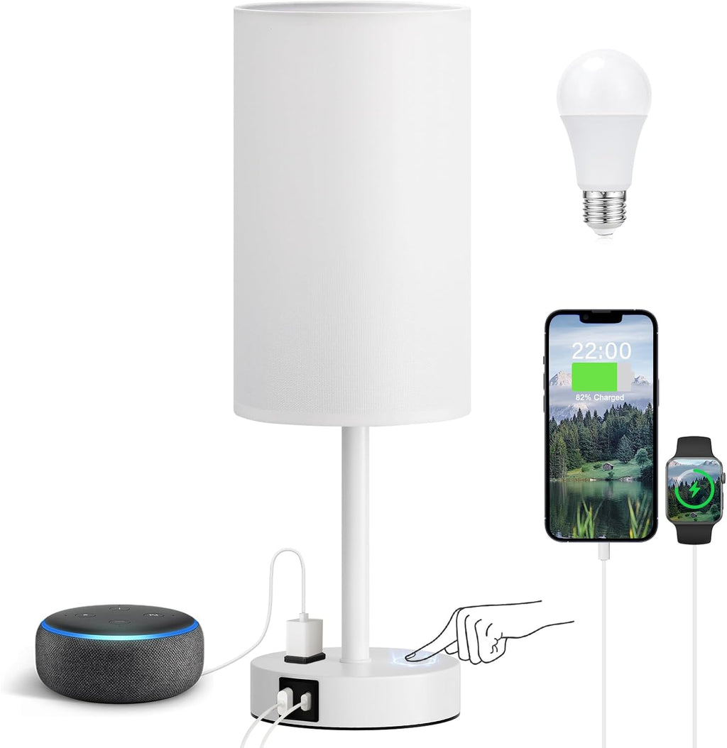 Fenmzee White Nightstand Bedroom Lamp - 3 Way Dimmable Bedside Lamp USB C A Charging Ports and AC Outlet, Small Table Lamp Linen…
