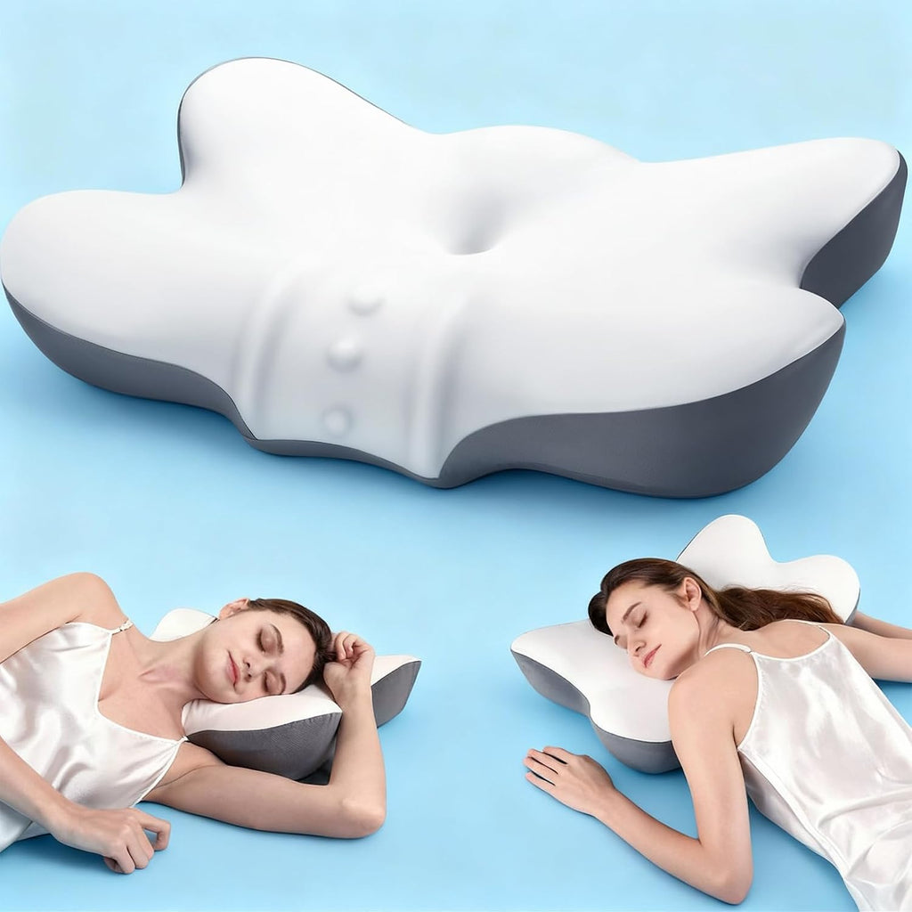 jiaao Cervical Neck Pillow with 2 Heights (5.31/3.54 in), Queen Size Bed Pillow with Cooling Pillowcase, Contoured Memory Foam Pillow for S…