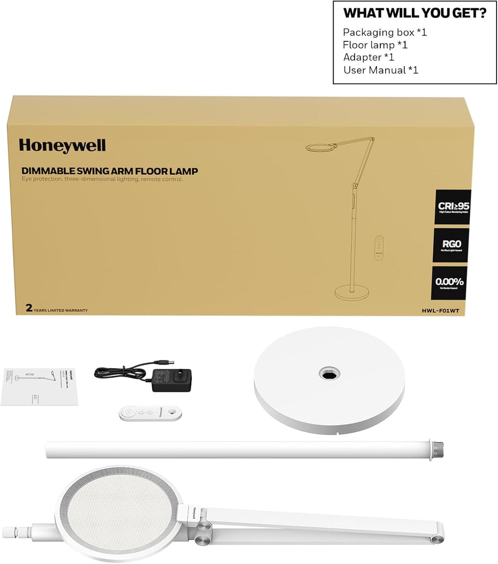 Honeywell LED Floor Lamp - F01WT SunturaluxTM Eye Caring Dimmable Standing Light with Remote, Bright Natural Daylight 5 Colors & 5…