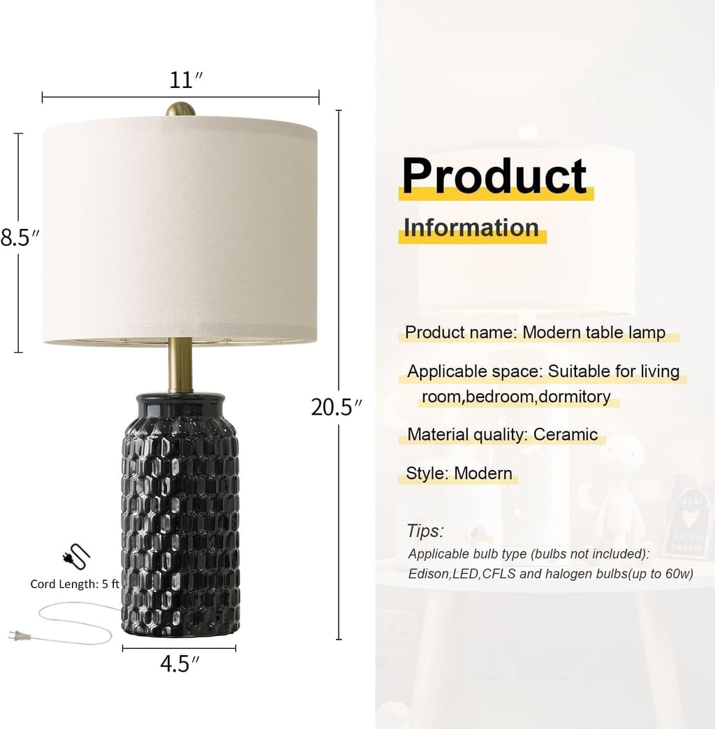 USumkky 20.5" Black Modern Ceramic Bedside Lamp Set of 2 for Bedroom Decor Farmhouse Table Lamp for Living Room Office Dorm