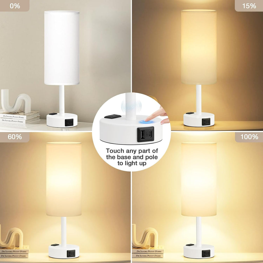 Fenmzee Matte White Bedside Table Lamp for Bedroom - 3 Way Dimmable Touch Lamp USB C Charging Ports and AC Outlet, Small Lamp Round…
